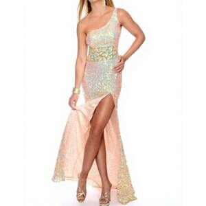NEW PRECIOUS FORMALS sheer-paneled sequin one-shoulder gown in crystal nude